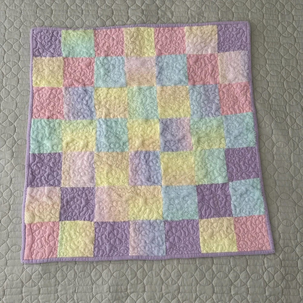 Baby Quilt Girl Handmade Pink Embroidery  Purple Pastel Flower Patchwork Blanket